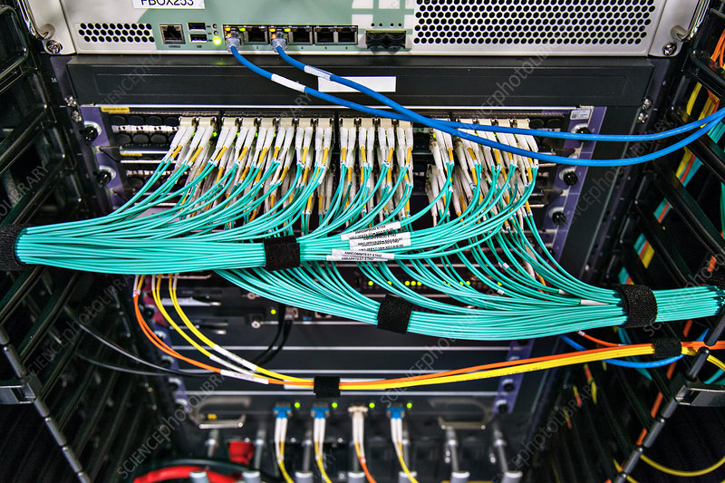 Structured cabling for fiber-optic networks and video in communications rack.